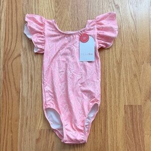 Pink With White Heart Print Leotard with Flutter Sleeves